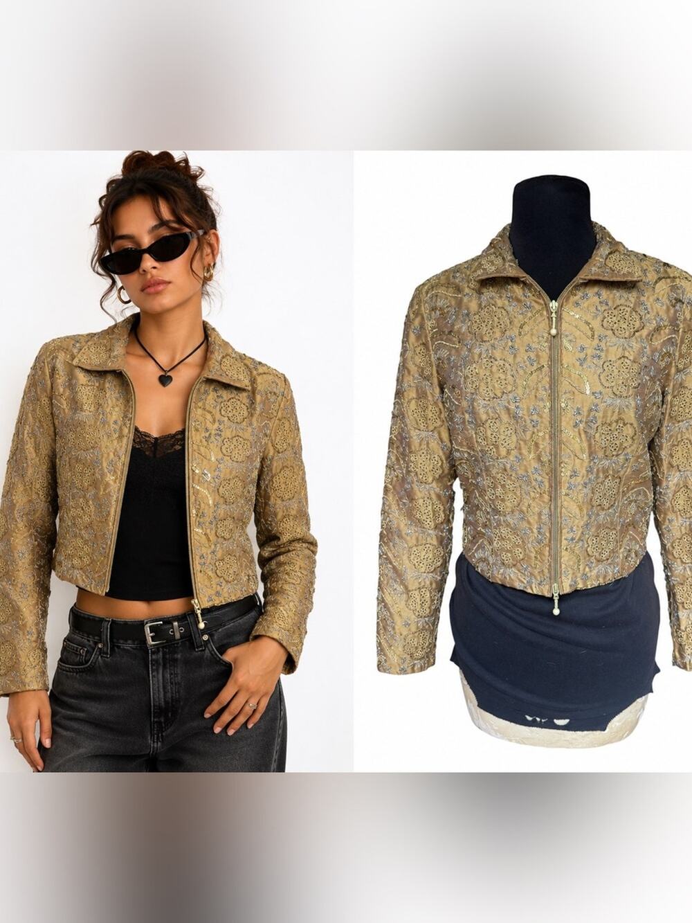 Vintage Silk Beaded Sequin Embroidered Cropped Jacket Trophy McBling Artsy S